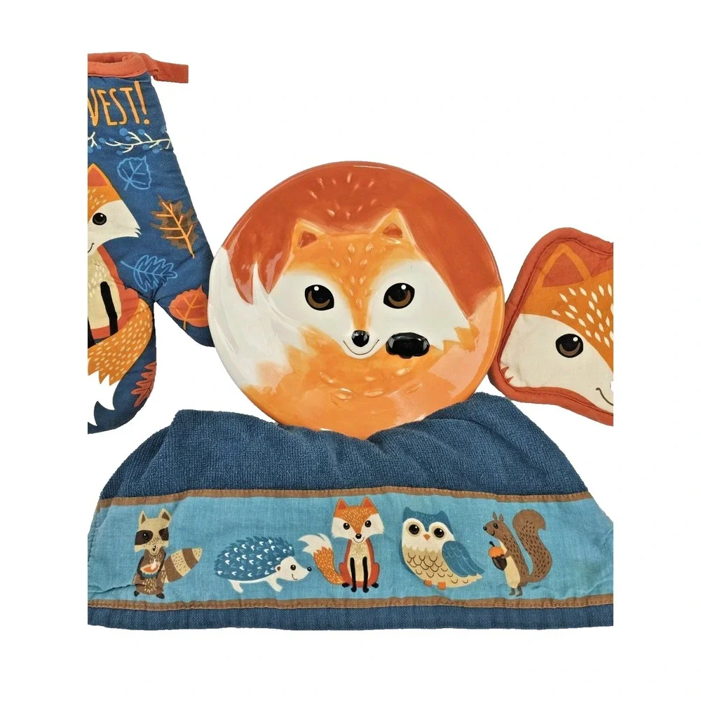 Fall Fox Design Kitchen Matching Set Towel Potholder Oven Mit Dish Plate Decor